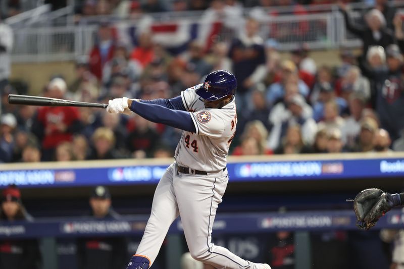 Oct 11, 2023; Minneapolis, Minnesota, USA; Houston Astros left fielder Yordan Alvarez (44) hits a single in the fourth inning against the Minnesota Twins during game four of the ALDS for the 2023 MLB playoffs at Target Field. Mandatory Credit: Jesse Johnson-USA TODAY Sports