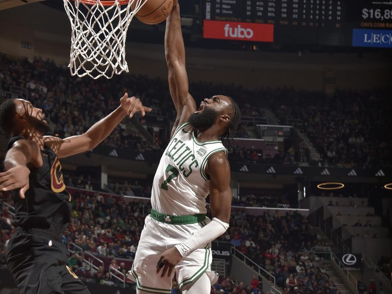 CLEVELAND, OH - MARCH 5: Jaylen Brown #7 of the Boston Celtics dunks the ball during the game against the Cleveland Cavaliers on March 5, 2024 at Rocket Mortgage FieldHouse in Cleveland, Ohio. NOTE TO USER: User expressly acknowledges and agrees that, by downloading and/or using this Photograph, user is consenting to the terms and conditions of the Getty Images License Agreement. Mandatory Copyright Notice: Copyright 2024 NBAE (Photo by David Liam Kyle/NBAE via Getty Images)