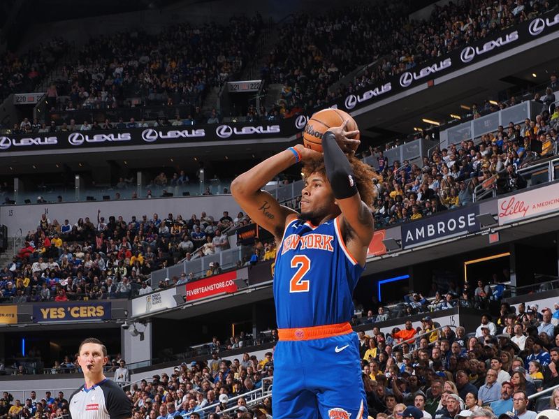 INDIANAPOLIS, IN - NOVEMBER 10:  Miles McBride #2 of the New York Knicks shoots a three point basket during the game against the Indiana Pacers during a regular season game on November 10, 2024 at Gainbridge Fieldhouse in Indianapolis, Indiana. NOTE TO USER: User expressly acknowledges and agrees that, by downloading and or using this Photograph, user is consenting to the terms and conditions of the Getty Images License Agreement. Mandatory Copyright Notice: Copyright 2024 NBAE (Photo by Ron Hoskins/NBAE via Getty Images)