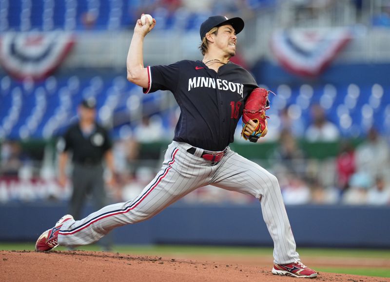 Apr 4, 2023; Miami, Florida, USA;  Minnesota Twins starting pitcher Kenta Maeda (18) pitches against the Miami Marlins in the first inning at loanDepot Park. Mandatory Credit: Jim Rassol-USA TODAY Sports