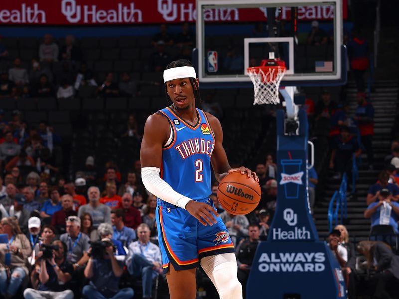 OKLAHOMA CITY, OK - NOVEMBER 1: Shai Gilgeous-Alexander #2 of the Oklahoma City Thunder dribbles the ball during the game against the Orlando Magic on November 1, 2022 at Paycom Arena in Oklahoma City, Oklahoma. NOTE TO USER: User expressly acknowledges and agrees that, by downloading and or using this photograph, User is consenting to the terms and conditions of the Getty Images License Agreement. Mandatory Copyright Notice: Copyright 2022 NBAE (Photo by Zach Beeker/NBAE via Getty Images)