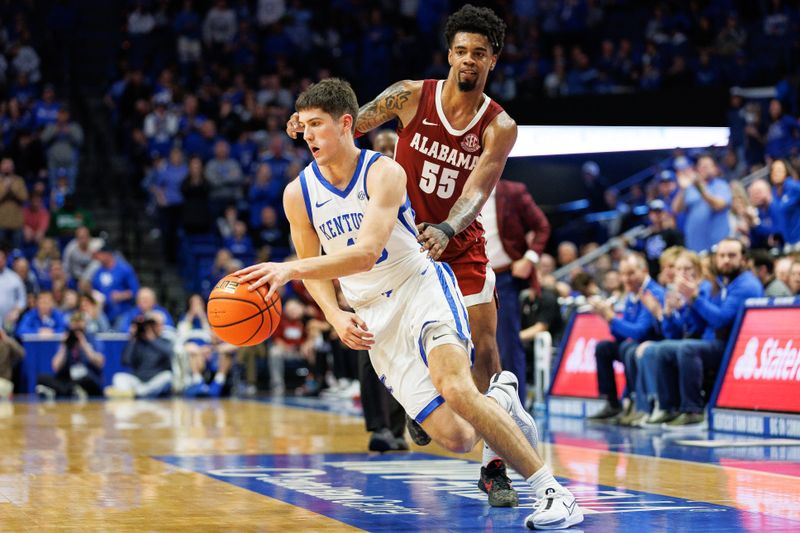 Feb 24, 2024; Lexington, Kentucky, USA; Kentucky Wildcats guard Reed Sheppard (15) dribbles the ball around Alabama Crimson Tide guard Aaron Estrada (55) during the second half at Rupp Arena at Central Bank Center. Mandatory Credit: Jordan Prather-USA TODAY Sports