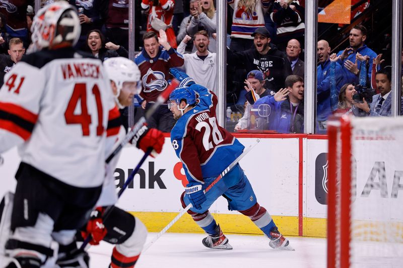 Nov 7, 2023; Denver, Colorado, USA; Colorado Avalanche left wing Miles Wood (28) celebrates after his goal in the second period against the New Jersey Devils at Ball Arena. Mandatory Credit: Isaiah J. Downing-USA TODAY Sports