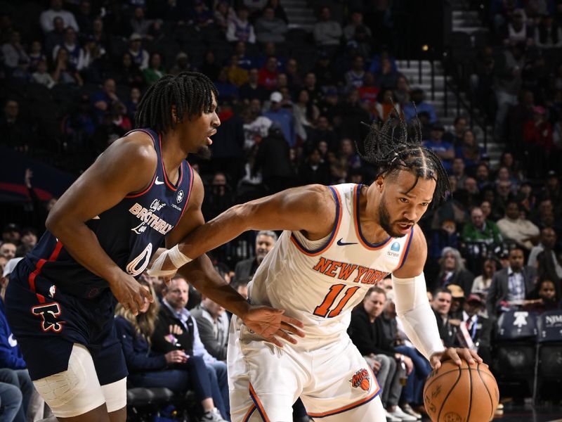 PHILADELPHIA, PA - FEBRUARY 22: Jalen Brunson #11 of the New York Knicks drives to the basket during the game against the Philadelphia 76ers on February 22, 2024 at the Wells Fargo Center in Philadelphia, Pennsylvania NOTE TO USER: User expressly acknowledges and agrees that, by downloading and/or using this Photograph, user is consenting to the terms and conditions of the Getty Images License Agreement. Mandatory Copyright Notice: Copyright 2024 NBAE (Photo by David Dow/NBAE via Getty Images)