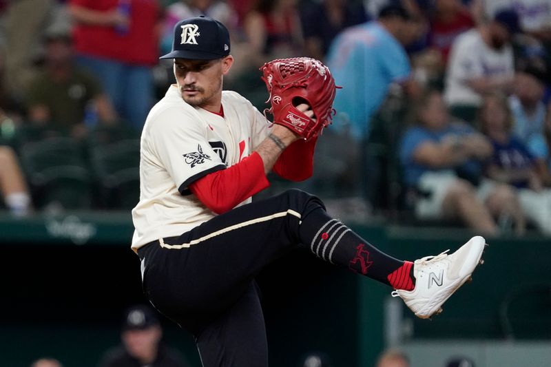 Aug 16, 2024; Arlington, Texas, USA; Texas Rangers pitcher Andrew Heaney (44) throws to the plate during the first inning against the Minnesota Twins at Globe Life Field. Mandatory Credit: Raymond Carlin III-USA TODAY Sports