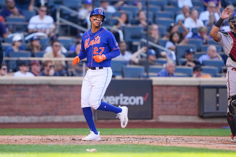 Sep 14, 2023; New York City, New York, USA; New York Mets third baseman Mark Vientos (27) scores a run on a RBI double hit by New York Mets center fielder Brandon Nimmo (not pictured) against the Arizona Diamondbacks during the third inning at Citi Field. Mandatory Credit: Gregory Fisher-USA TODAY Sports