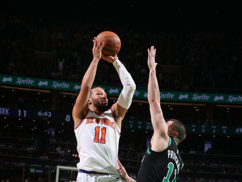 BOSTON, MA - MAY 14: Jalen Brunson #11 of the New York Knicks shoots the ball during the game aBoston Celtics  during Round Two Game Five of the 2025 NBA Playoffs on May 14, 2025 at TD Garden in Boston, Massachusetts. NOTE TO USER: User expressly acknowledges and agrees that, by downloading and/or using this Photograph, user is consenting to the terms and conditions of the Getty Images License Agreement. Mandatory Copyright Notice: Copyright 2025 NBAE (Photo by Nathaniel S. Butler/NBAE via Getty Images)