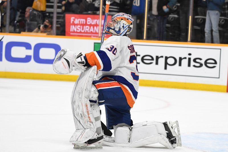 Jan 13, 2024; Nashville, Tennessee, USA; New York Islanders goaltender Ilya Sorokin (30) reacts after allowing the game-winning goal during the third period against the Nashville Predators at Bridgestone Arena. Mandatory Credit: Christopher Hanewinckel-USA TODAY Sports