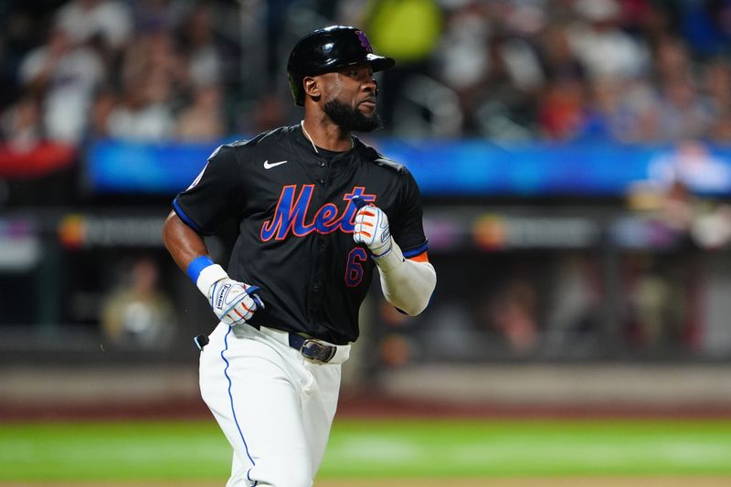 Jun 14, 2024; New York City, New York, USA;  New York Mets right fielder Starling Marte (6) runs out a single against the San Diego Padres during the first inning at Citi Field. Mandatory Credit: Gregory Fisher-USA TODAY Sports