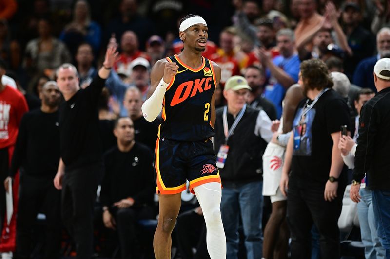 OKLAHOMA CITY, OKLAHOMA - FEBRUARY 4: Shai Gilgeous-Alexander #2 of the Oklahoma City Thunder celebrates a double overtime win over the Toronto Raptors at Paycom Center on February 4, 2024 in Oklahoma City, Oklahoma. NOTE TO USER: User expressly acknowledges and agrees that, by downloading and or using this Photograph, user is consenting to the terms and conditions of the Getty Images License Agreement. (Photo by Joshua Gateley/Getty Images)