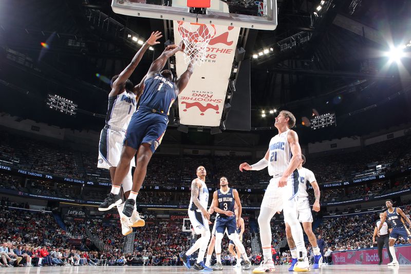 NEW ORLEANS, LA - APRIL 3:  Zion Williamson #1 of the New Orleans Pelicans dunks the ball during the game against the Orlando Magic on April 3, 2024 at the Smoothie King Center in New Orleans, Louisiana. NOTE TO USER: User expressly acknowledges and agrees that, by downloading and or using this Photograph, user is consenting to the terms and conditions of the Getty Images License Agreement. Mandatory Copyright Notice: Copyright 2024 NBAE (Photo by Layne Murdoch Jr./NBAE via Getty Images)