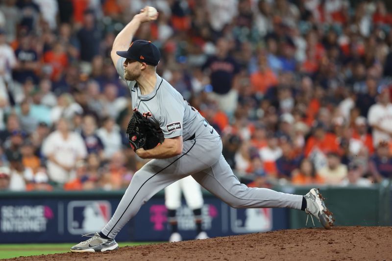 Oct 2, 2024; Houston, Texas, USA; Detroit Tigers pitcher Will Vest (19) throws against the Houston Astros during the ninth inning of game two of the Wildcard round for the 2024 MLB Playoffs at Minute Maid Park. Mandatory Credit: Thomas Shea-Imagn Images