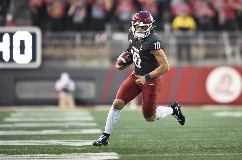 Sep 7, 2024; Pullman, Washington, USA; Washington State Cougars quarterback John Mateer (10) carries the ball against the Texas Tech Red Raiders in the first half at Gesa Field at Martin Stadium. Mandatory Credit: James Snook-Imagn Images