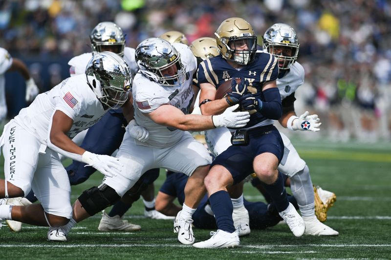 Oct 21, 2023; Annapolis, Maryland, USA;  Air Force Falcons defensive lineman Payton Zdroik (96) tackles Navy Midshipmen fullback Alex Tecza (46) in the first half at Navy-Marine Corps Memorial Stadium. Mandatory Credit: Tommy Gilligan-USA TODAY Sports