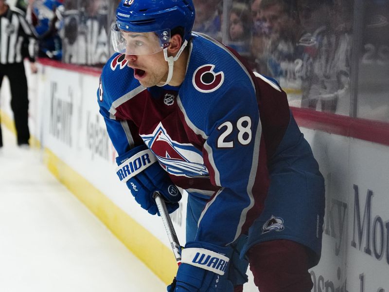 Dec 13, 2023; Denver, Colorado, USA; Colorado Avalanche left wing Miles Wood (28) during the second period against the Buffalo Sabres at Ball Arena. Mandatory Credit: Ron Chenoy-USA TODAY Sports