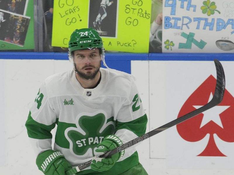 Mar 17, 2025; Toronto, Ontario, CAN; Toronto Maple Leafs forward Scott Laughton (24) during warm up before a game against the Calgary Flames at Scotiabank Arena. Mandatory Credit: John E. Sokolowski-Imagn Images