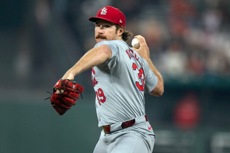 Sep 27, 2024; San Francisco, California, USA; St. Louis Cardinals starting pitcher Miles Mikolas (39) delivers a pitch against the San Francisco Giants during the first inning at Oracle Park. Mandatory Credit: D. Ross Cameron-Imagn Images