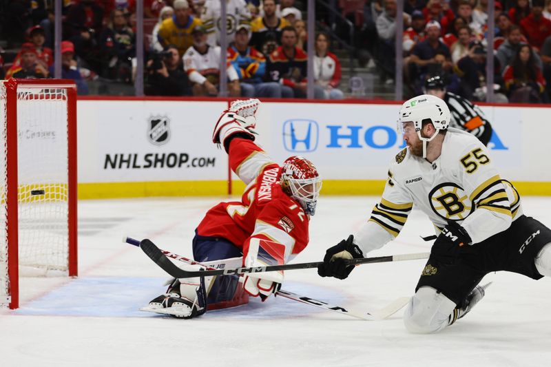 May 6, 2024; Sunrise, Florida, USA; Boston Bruins right wing Justin Brazeau (55) scores against Florida Panthers goaltender Sergei Bobrovsky (72) during the third period in game one of the second round of the 2024 Stanley Cup Playoffs at Amerant Bank Arena. Mandatory Credit: Sam Navarro-USA TODAY Sports