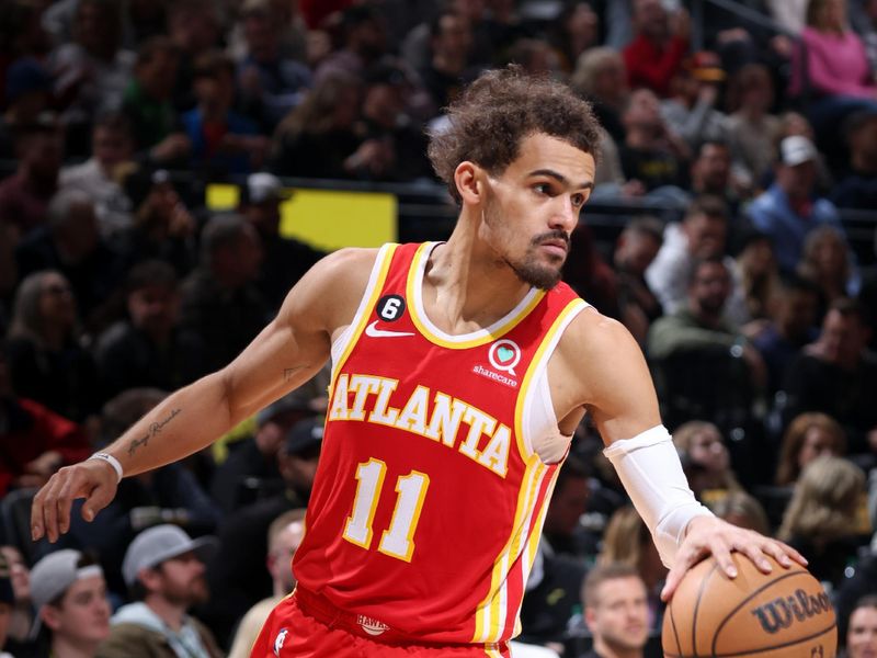 SALT LAKE CITY, UT - FEBRUARY 3: Trae Young #11 of the Atlanta Hawks dribbles the ball during the game against the Utah Jazz on February 3, 2023 at vivint.SmartHome Arena in Salt Lake City, Utah. NOTE TO USER: User expressly acknowledges and agrees that, by downloading and or using this Photograph, User is consenting to the terms and conditions of the Getty Images License Agreement. Mandatory Copyright Notice: Copyright 2023 NBAE (Photo by Melissa Majchrzak/NBAE via Getty Images)