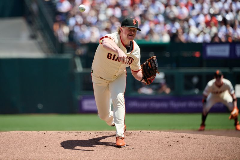 May 4, 2025; San Francisco, California, USA; San Francisco Giants starting pitcher Logan Webb (62) throws a pitch against the Colorado Rockies throws a pitch during the first inning at Oracle Park. Mandatory Credit: Robert Edwards-Imagn Images