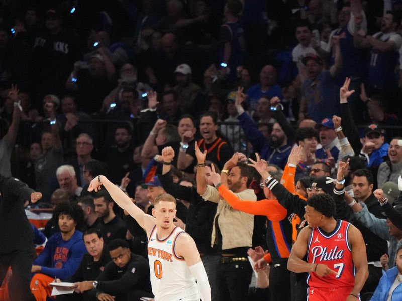 NEW YORK, NY - APRIL 20: Donte Divincenzo #0 of the New York Knicks celebrates during the game against the Philadelphia 76ers during Round 1 Game 1 of the 2024 NBA Playoffs on April 20, 2024 at Madison Square Garden in New York City, New York.  NOTE TO USER: User expressly acknowledges and agrees that, by downloading and or using this photograph, User is consenting to the terms and conditions of the Getty Images License Agreement. Mandatory Copyright Notice: Copyright 2024 NBAE  (Photo Jesse D. Garrabrant/NBAE via Getty Images)