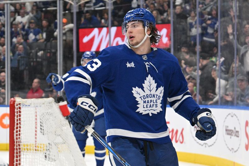 Oct 31, 2024; Toronto, Ontario, CAN;  Toronto Maple Leafs forward Matthew Knies (23) reacts after scoring a goal against the Seattle Kraken in the first period at Scotiabank Arena. Mandatory Credit: Dan Hamilton-Imagn Images