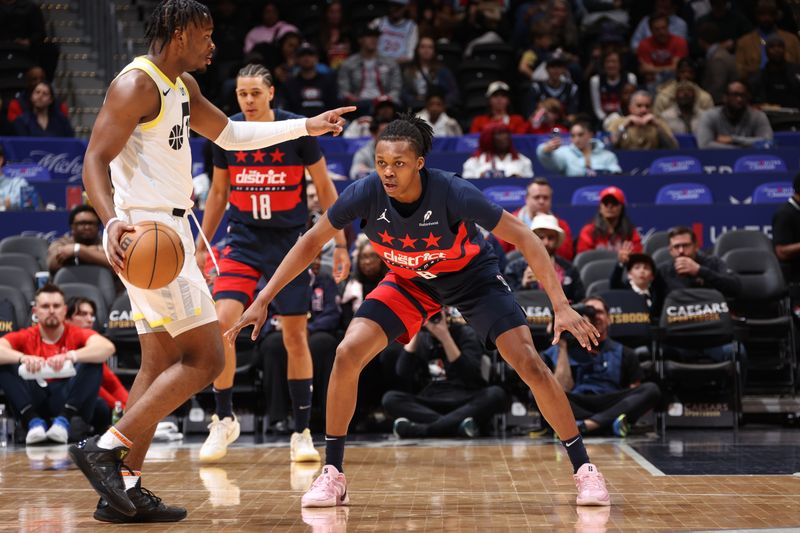 WASHINGTON, DC -? MARCH 5: Bub Carrington #8 of the Washington Wizards plays defense during the game against the Utah Jazz  on March 5, 2025 at Capital One Arena in Washington, DC. NOTE TO USER: User expressly acknowledges and agrees that, by downloading and or using this Photograph, user is consenting to the terms and conditions of the Getty Images License Agreement. Mandatory Copyright Notice: Copyright 2025 NBAE (Photo by Kenny Giarla/NBAE via Getty Images)