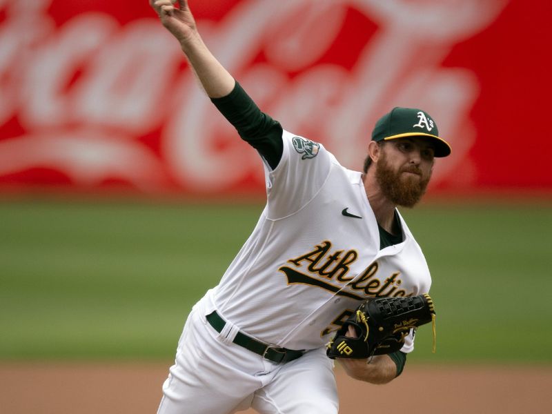 Sep 2, 2023; Oakland, California, USA; Oakland Athletics starting pitcher Paul Blackburn (58) delivers a pitch against the Los Angeles Angels during the first inning at Oakland-Alameda County Coliseum. Mandatory Credit: D. Ross Cameron-USA TODAY Sports