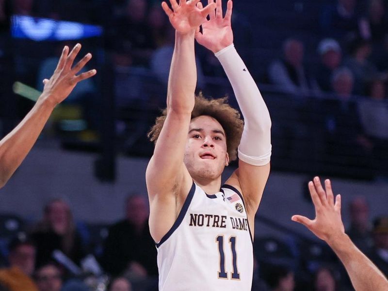 Jan 9, 2024; Atlanta, Georgia, USA; Notre Dame Fighting Irish guard Braeden Shrewsberry (11) shoots against the Georgia Tech Yellow Jackets in the first half at McCamish Pavilion. Mandatory Credit: Brett Davis-USA TODAY Sports