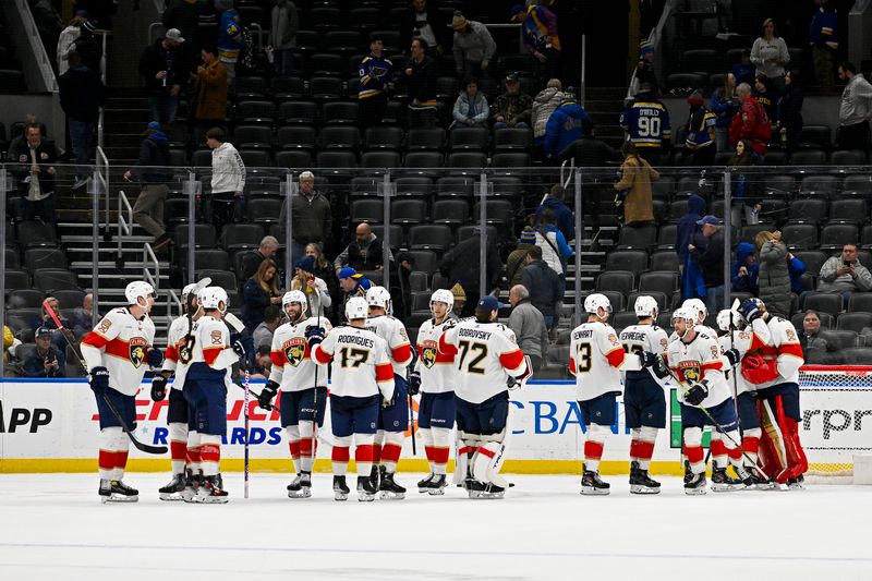 Jan 9, 2024; St. Louis, Missouri, USA;  Florida Panthers celebrate after defeating the St. Louis Blues at Enterprise Center. Mandatory Credit: Jeff Curry-USA TODAY Sports