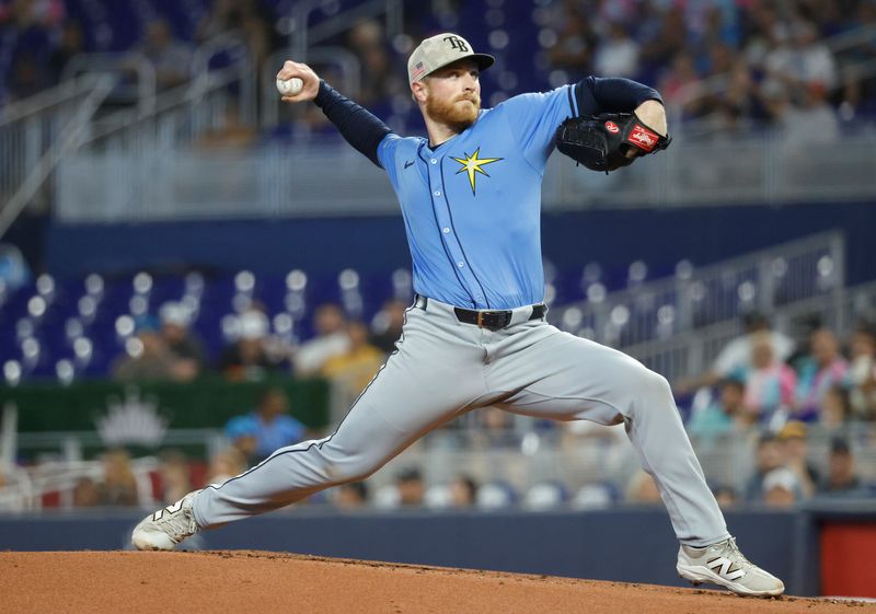 May 17, 2025; Miami, Florida, USA;  Tampa Bay Rays starting pitcher Drew Rasmussen (57) pitches against the Miami Marlins during the first inning at loanDepot Park. Mandatory Credit: Rhona Wise-Imagn Images