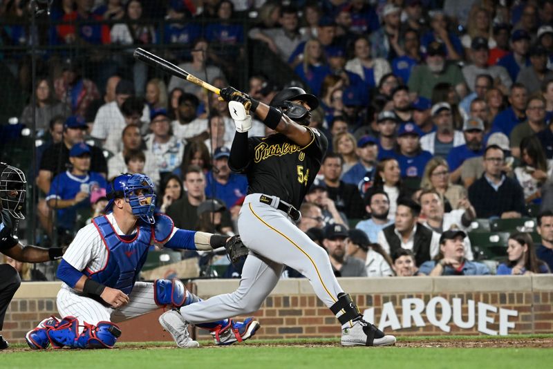 Sep 20, 2023; Chicago, Illinois, USA; hits a Pittsburgh Pirates right fielder Joshua Palacios (54) hits a three run home run against the Chicago Cubs during the fourth inning at Wrigley Field. Mandatory Credit: Matt Marton-USA TODAY Sports