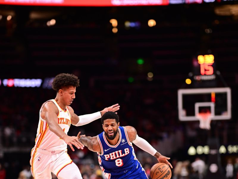 ATLANTA, GA - OCTOBER 14:  Paul George #8 of the Philadelphia 76ers drives to the basket during the game against the Atlanta Hawks during a preseason game on October 14, 2024 at State Farm Arena in Atlanta, Georgia.  NOTE TO USER: User expressly acknowledges and agrees that, by downloading and/or using this Photograph, user is consenting to the terms and conditions of the Getty Images License Agreement. Mandatory Copyright Notice: Copyright 2024 NBAE (Photo by Adam Hagy/NBAE via Getty Images)