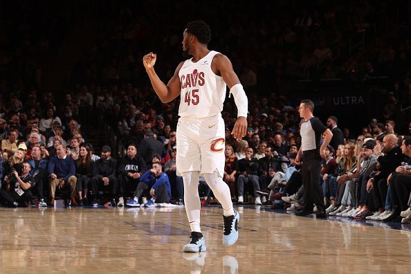 NEW YORK, NY - NOVEMBER 1: Donovan Mitchell #45 of the Cleveland Cavaliers celebrates during the game against the New York Knicks on November 1, 2023 at Madison Square Garden in New York City, New York.  NOTE TO USER: User expressly acknowledges and agrees that, by downloading and or using this photograph, User is consenting to the terms and conditions of the Getty Images License Agreement. Mandatory Copyright Notice: Copyright 2023 NBAE  (Photo by Nathaniel S. Butler/NBAE via Getty Images)