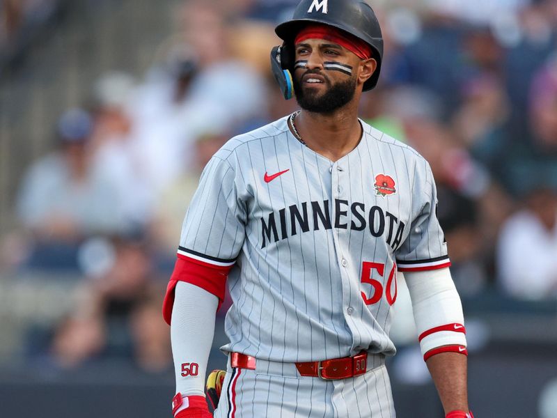 May 26, 2025; Tampa, Florida, USA; Minnesota Twins left fielder Willi Castro (50) reacts after striking out against the Tampa Bay Rays in the second inning at George M. Steinbrenner Field. Mandatory Credit: Nathan Ray Seebeck-Imagn Images