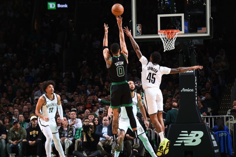 BOSTON, MA - NOVEMBER 8: Jayson Tatum #0 of the Boston Celtics shoots the ball during the game against the Brooklyn Nets on November 8, 2024 at TD Garden in Boston, Massachusetts. NOTE TO USER: User expressly acknowledges and agrees that, by downloading and/or using this Photograph, user is consenting to the terms and conditions of the Getty Images License Agreement. Mandatory Copyright Notice: Copyright 2024 NBAE (Photo by Brian Babineau/NBAE via Getty Images)