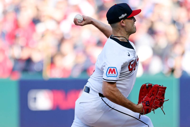 Oct 7, 2024; Cleveland, Ohio, USA; Cleveland Guardians pitcher Matthew Boyd (16) pitches during the first inning against the Detroit Tigers during game two of the ALDS for the 2024 MLB Playoffs at Progressive Field. Mandatory Credit: Scott Glavin-Imagn Images