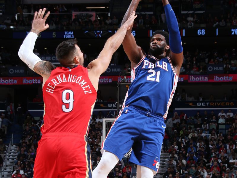 NEW ORLEANS, LA - DECEMBER 30: Joel Embiid #21 of the Philadelphia 76ers shoots the ball during the game against the New Orleans Pelicans on December 30, 2022 at the Smoothie King Center in New Orleans, Louisiana. NOTE TO USER: User expressly acknowledges and agrees that, by downloading and or using this Photograph, user is consenting to the terms and conditions of the Getty Images License Agreement. Mandatory Copyright Notice: Copyright 2022 NBAE (Photo by Layne Murdoch Jr./NBAE via Getty Images)