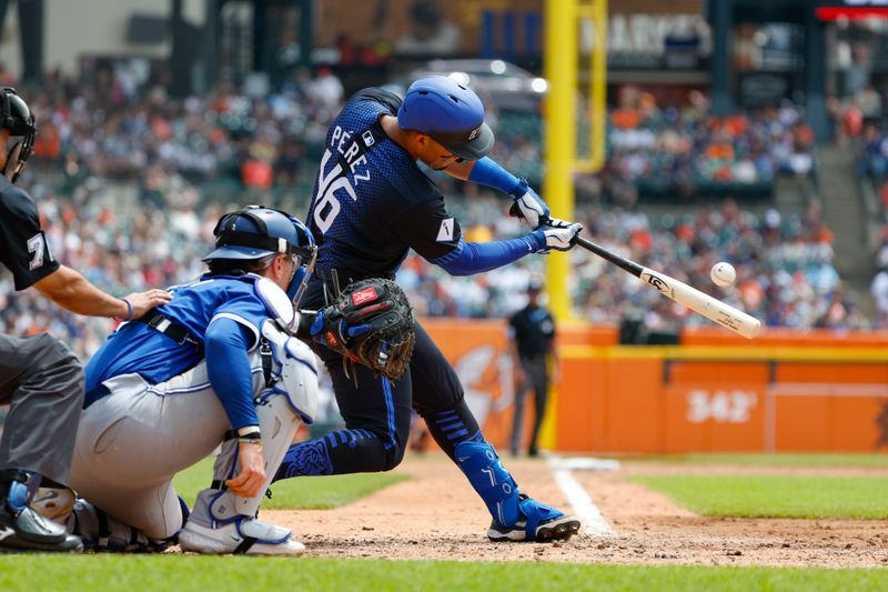 May 26, 2024; Detroit, Michigan, USADetroit Tigers outfielder Wenceel Pérez (46) hits during an at bat in the third inning of the game against the Toronto Blue Jays  at Comerica Park. Mandatory Credit: Brian Bradshaw Sevald-USA TODAY Sports