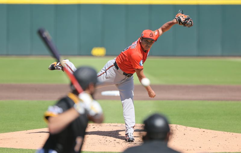 Feb 26, 2025; Bradenton, Florida, USA;  Baltimore Orioles pitcher Tomoyuki Sugano (19) throws a pitch during the second inning against the Pittsburgh Pirates  at LECOM Park. Mandatory Credit: Kim Klement Neitzel-Imagn Images