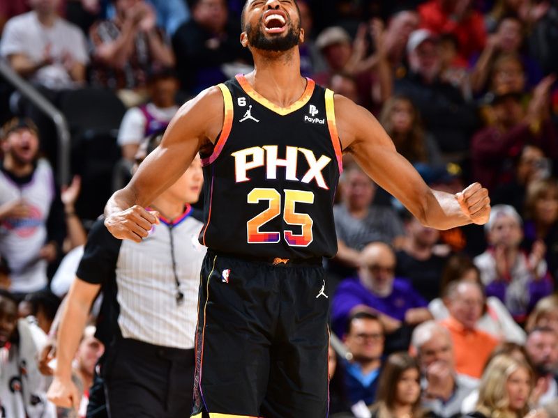 PHOENIX, AZ - OCTOBER 30: Mikal Bridges #25 of the Phoenix Suns reacts during the game against the Houston Rockets on October 30, 2022 at Footprint Center in Phoenix, Arizona. NOTE TO USER: User expressly acknowledges and agrees that, by downloading and or using this photograph, user is consenting to the terms and conditions of the Getty Images License Agreement. Mandatory Copyright Notice: Copyright 2022 NBAE (Photo by Barry Gossage/NBAE via Getty Images)