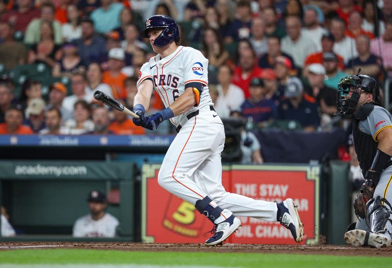 Jul 30, 2024; Houston, Texas, USA; Houston Astros center fielder Jake Meyers (6) hits a single during the second inning against the Pittsburgh Pirates at Minute Maid Park. Mandatory Credit: Troy Taormina-USA TODAY Sports
