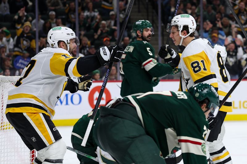 Oct 30, 2025; Saint Paul, Minnesota, USA; Pittsburgh Penguins center Ben Kindel (81) celebrates his goal against the Minnesota Wild during the third period at Grand Casino Arena. Mandatory Credit: Matt Krohn-Imagn Images