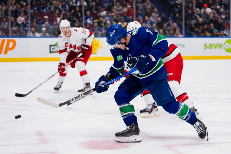 sDec 9, 2023; Vancouver, British Columbia, CAN; Vancouver Canucks forward Conor Garland (8) shoots against the Carolina Hurricanes in the third period at Rogers Arena. Vancouver won 4-3. Mandatory Credit: Bob Frid-USA TODAY Sports