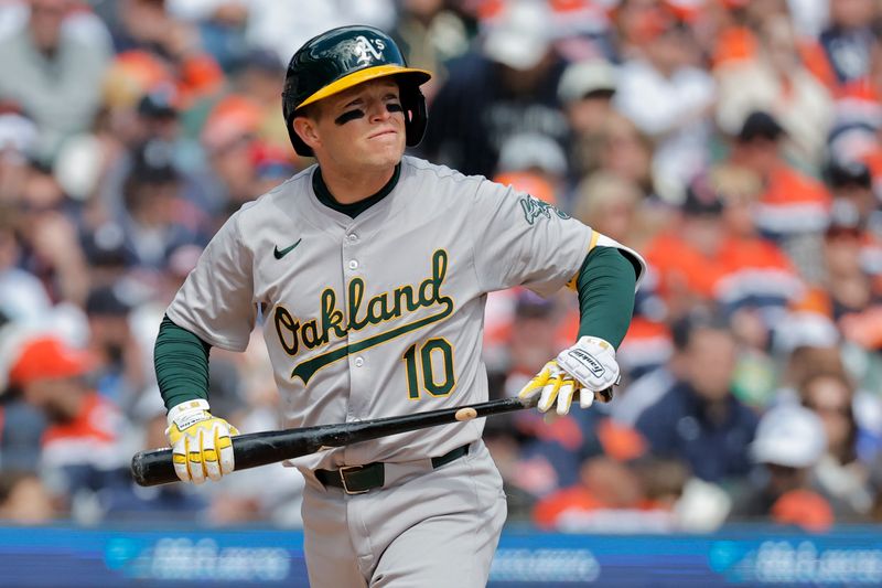 Apr 6, 2024; Detroit, Michigan, USA;  Oakland Athletics shortstop Nick Allen (10) reacts after striking out against the Detroit Tigers in the seventh inning at Comerica Park. Mandatory Credit: Rick Osentoski-USA TODAY Sports