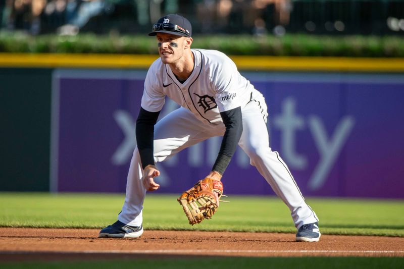 Jun 11, 2024; Detroit, Michigan, USA; Detroit Tigers first baseman Mark Canha (21) gets set for the pitch against the Washington Nationals at Comerica Park. Mandatory Credit: David Reginek-USA TODAY Sports