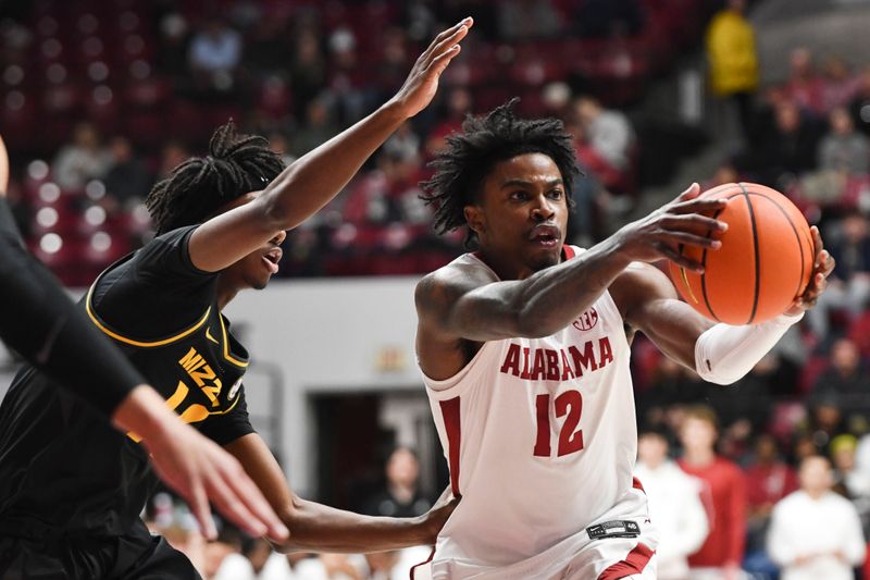 Jan 16, 2024; Tuscaloosa, Alabama, USA; Alabama guard Latrell Wrightsell Jr. (12) makes a pass against Missouri at Coleman Coliseum. Mandatory Credit: Gary Cosby Jr.-USA TODAY Sports