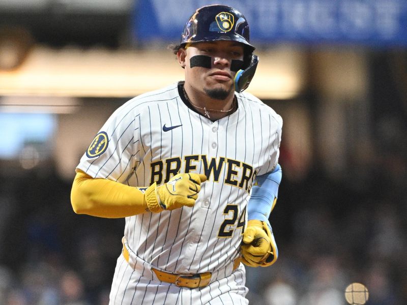 Sep 7, 2024; Milwaukee, Wisconsin, USA; Milwaukee Brewers catcher William Contreras (24) rounds the bases after hitting home run against the Colorado Rockies in the third inning at American Family Field. Mandatory Credit: Michael McLoone-Imagn Images