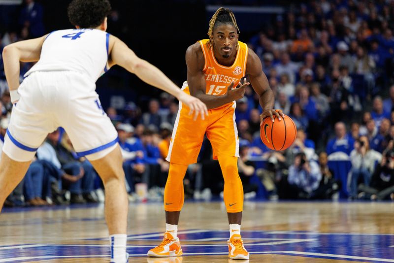 Feb 11, 2025; Lexington, Kentucky, USA; Tennessee Volunteers guard Jahmai Mashack (15) directs the offense during the first half against the Kentucky Wildcats at Rupp Arena at Central Bank Center. Mandatory Credit: Jordan Prather-Imagn Images