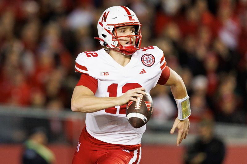 Nov 18, 2023; Madison, Wisconsin, USA;  Nebraska Cornhuskers quarterback Chubba Purdy (12) looks to throw a pass during the first quarter against the Wisconsin Badgers at Camp Randall Stadium. Mandatory Credit: Jeff Hanisch-USA TODAY Sports